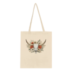 Black cotton tote bag with colourful longhorn skull and floral western artwork.