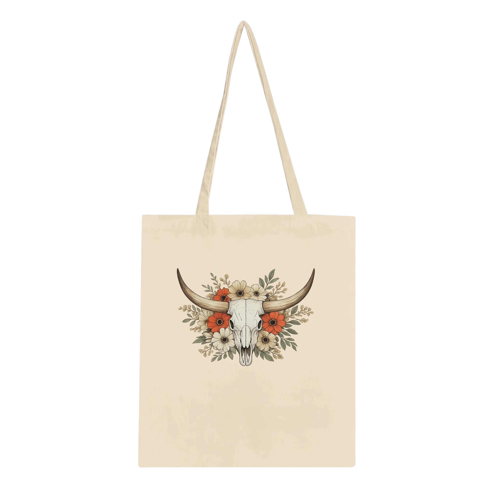 Black cotton tote bag with colourful longhorn skull and floral western artwork.