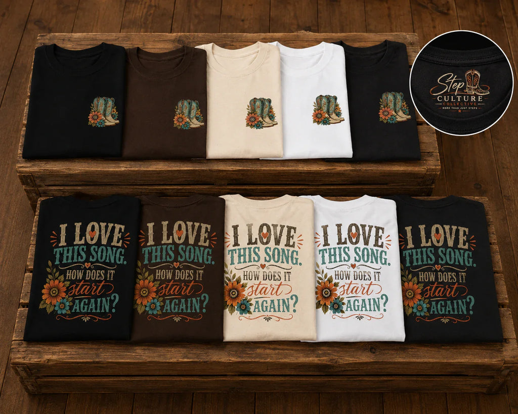 I Love This Song How Does It Start Again tees displayed in five colours