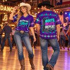 Cowgirl front and cowboy back view of Boots Beats Repeat purple line dancing jersey in a dance hall