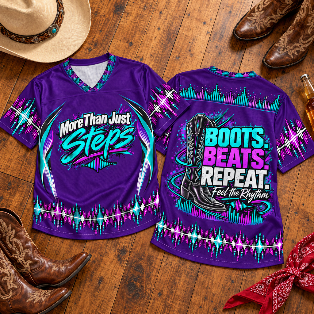 Purple Boots Beats Repeat line dancing jersey front and back flat lay on wooden dance floor with cowboy hat and boots