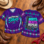Purple Boots Beats Repeat line dancing jersey front and back flat lay on wooden dance floor with cowboy hat and boots
