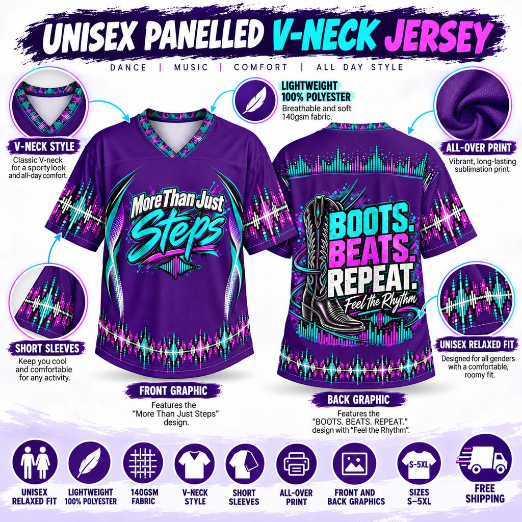 Purple Boots Beats Repeat V-neck line dancing jersey fabric features and fit infographic