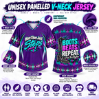 Purple Boots Beats Repeat V-neck line dancing jersey fabric features and fit infographic