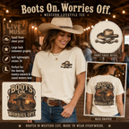 Boots On Worries Off western T-shirt infographic showing the design, fit and fabric features