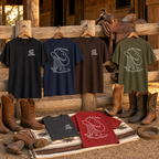 Just Boot Scootin T-shirts folded and displayed with western props
