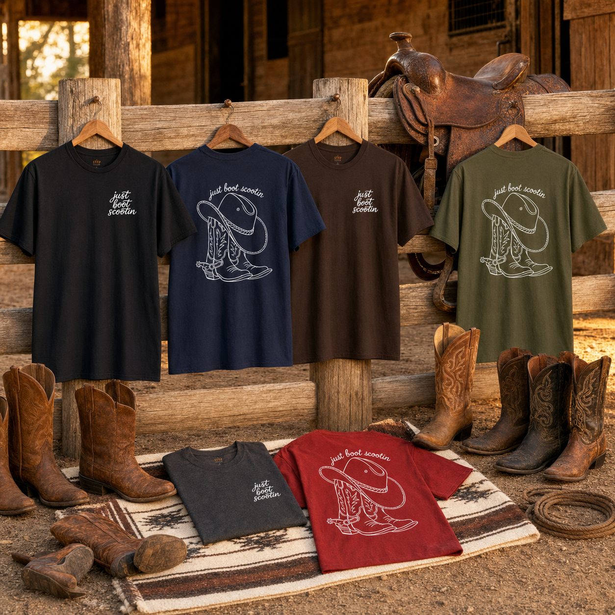 Just Boot Scootin T-shirts folded and displayed with western props