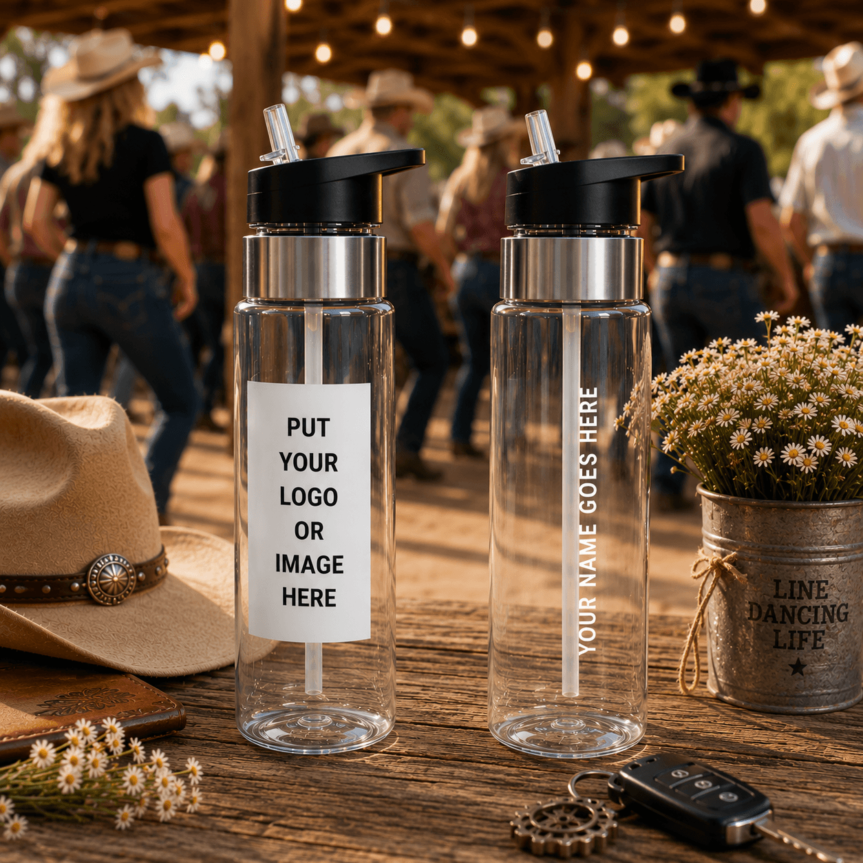 Personalised clear Tritan sport bottle with black lid and drinking spout