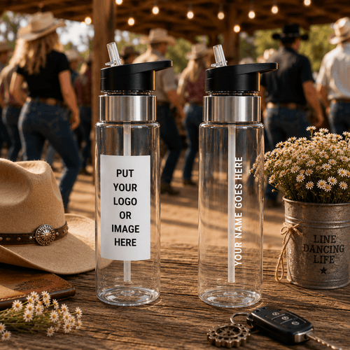 Personalised clear Tritan sport bottle with black lid and drinking spout