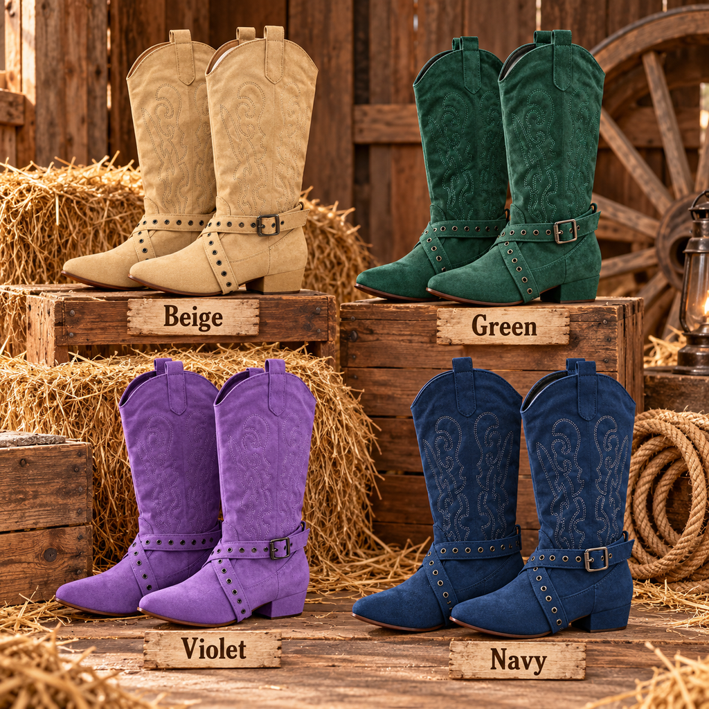 Buckle suede-sole practice line dance boots in Beige, Green, Violet and Navy