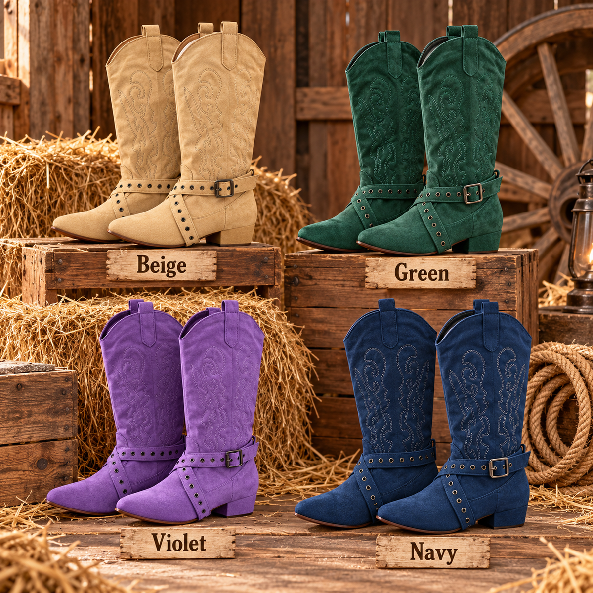 Buckle suede-sole practice line dance boots in Beige, Green, Violet and Navy