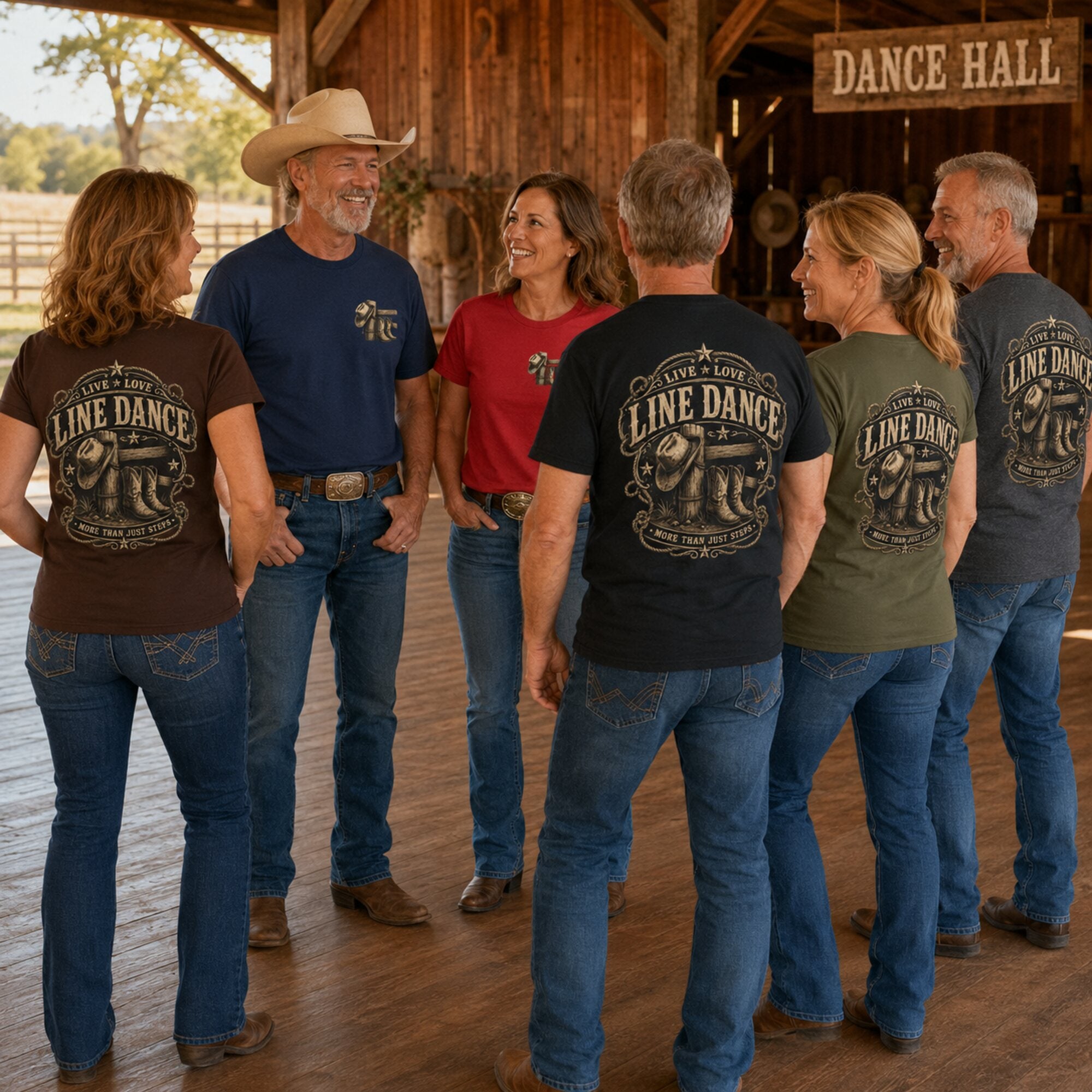 Line dancers wearing Live Love Line Dance T-shirts showing the pocket front and back print