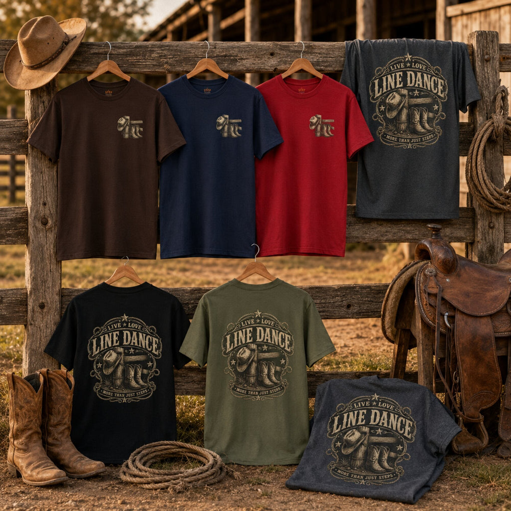 Live Love Line Dance tees in six colours displayed on a fence with western props