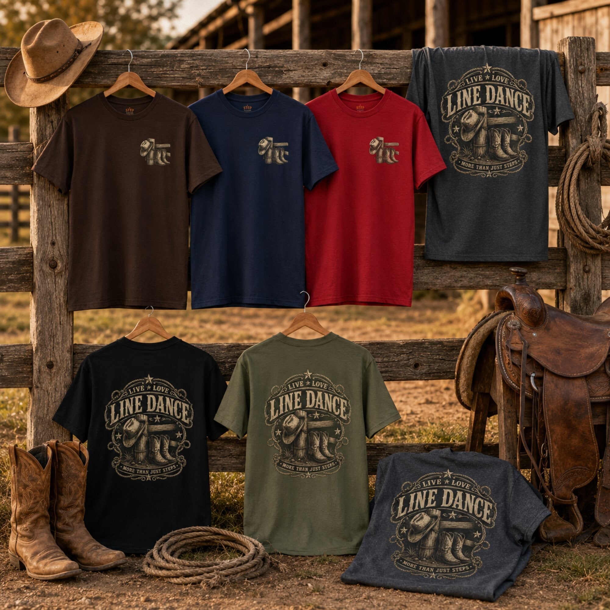 Live Love Line Dance tees in six colours displayed on a fence with western props