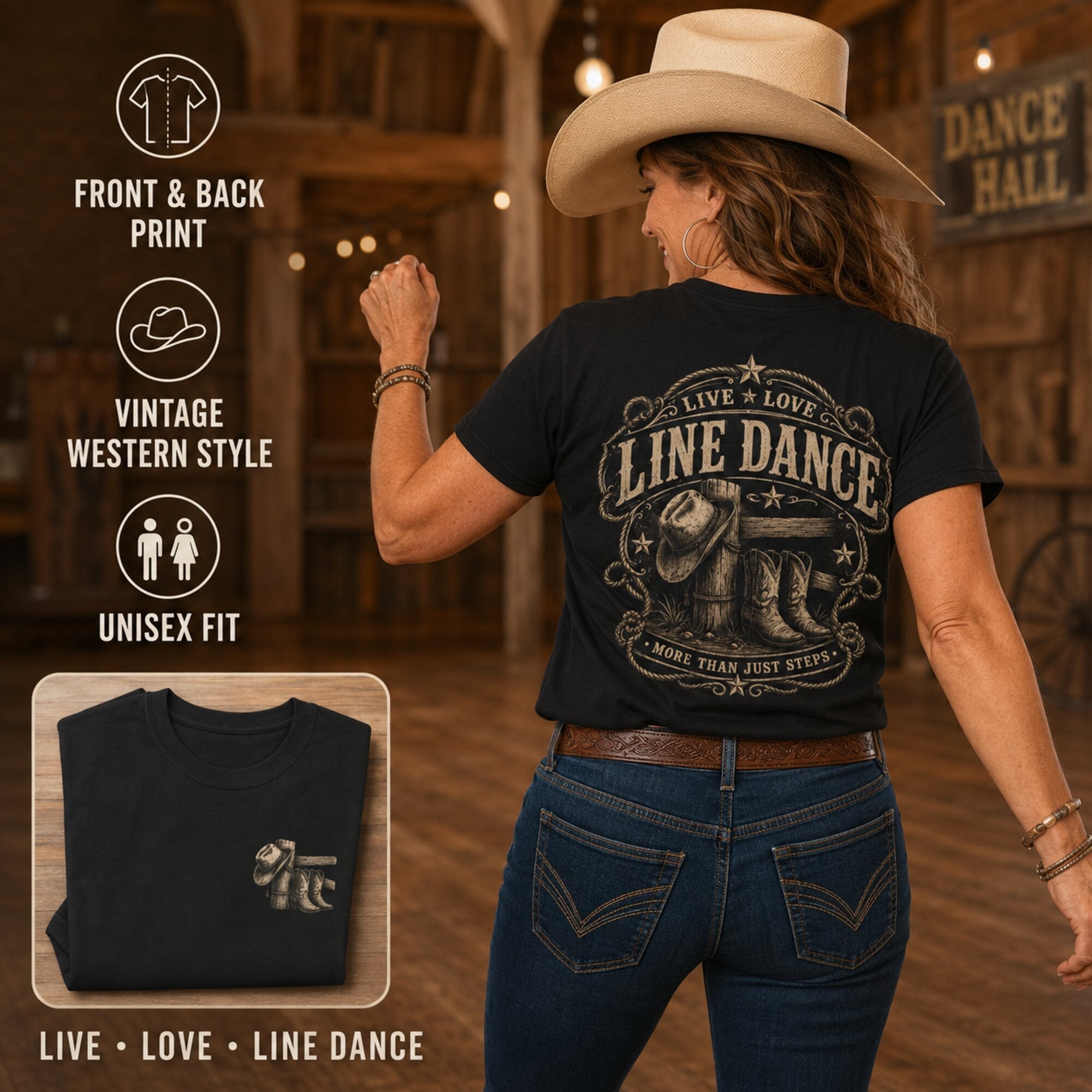 Live Love Line Dance T-shirt infographic showing the back print, pocket graphic and fit