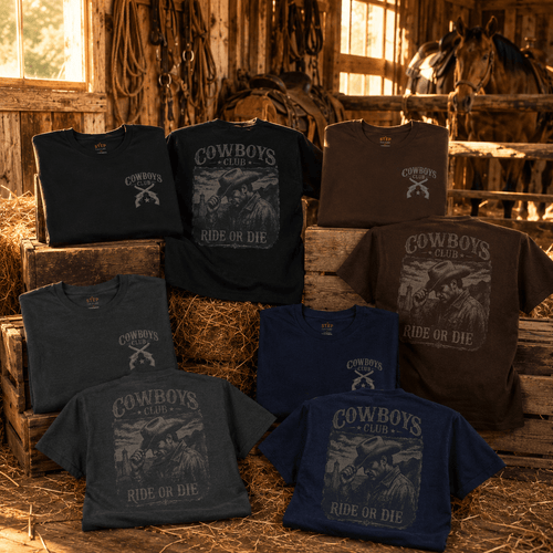 Cowboys Club Ride or Die tees displayed on wooden crates with western props