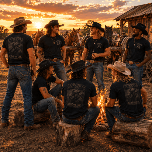 Cowboys wearing Cowboys Club Ride or Die western graphic T-shirts