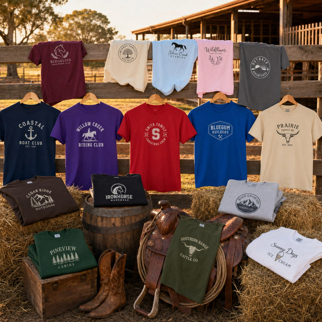 Sixteen personalised Gildan 5000 T-shirt colours displayed on a stable fence, hay bales, barrel, saddle and crate