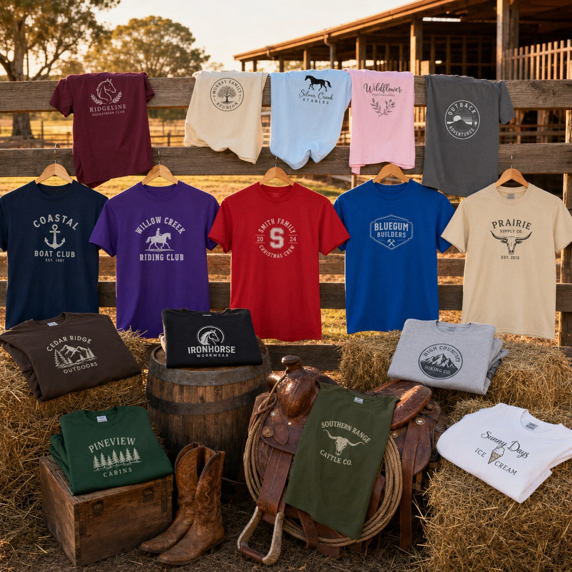 Sixteen personalised Gildan 5000 T-shirt colours displayed on a stable fence, hay bales, barrel, saddle and crate
