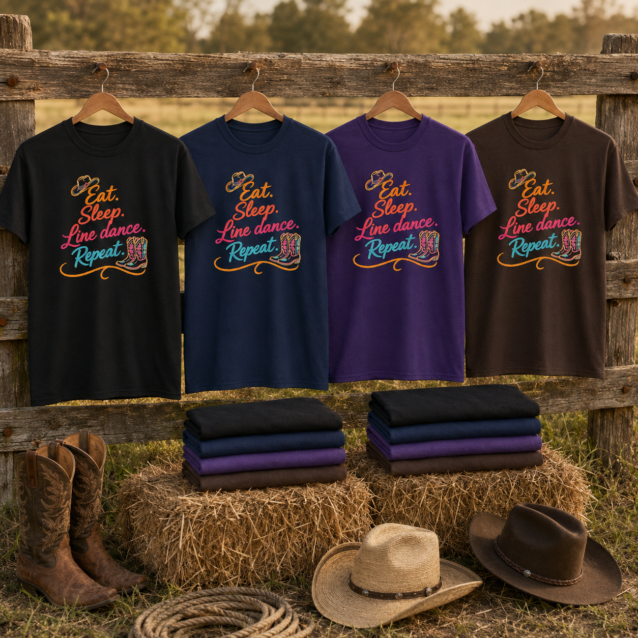 Eat Sleep Line Dance Repeat T-shirts in black, navy, purple and dark chocolate displayed on a rustic fence and hay bales
