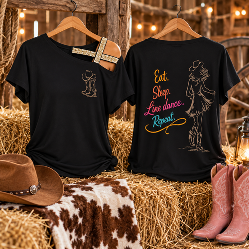 Eat Sleep Line Dance Repeat gold elastic shoulder top infographic highlighting the asymmetric neckline and stretch fabric.