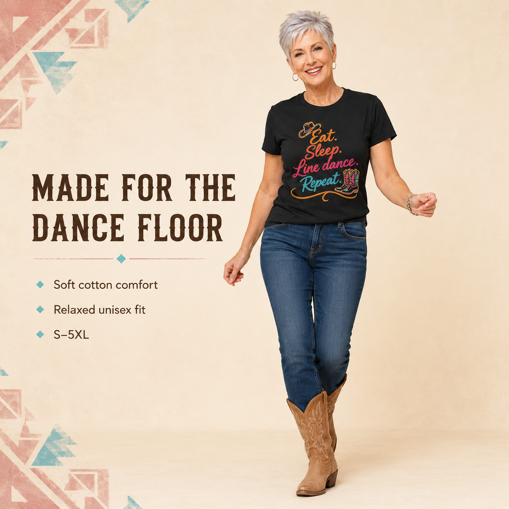 Eat Sleep Line Dance Repeat black T-shirt infographic with female line dancer and product features