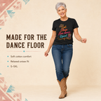 Eat Sleep Line Dance Repeat black T-shirt infographic with female line dancer and product features
