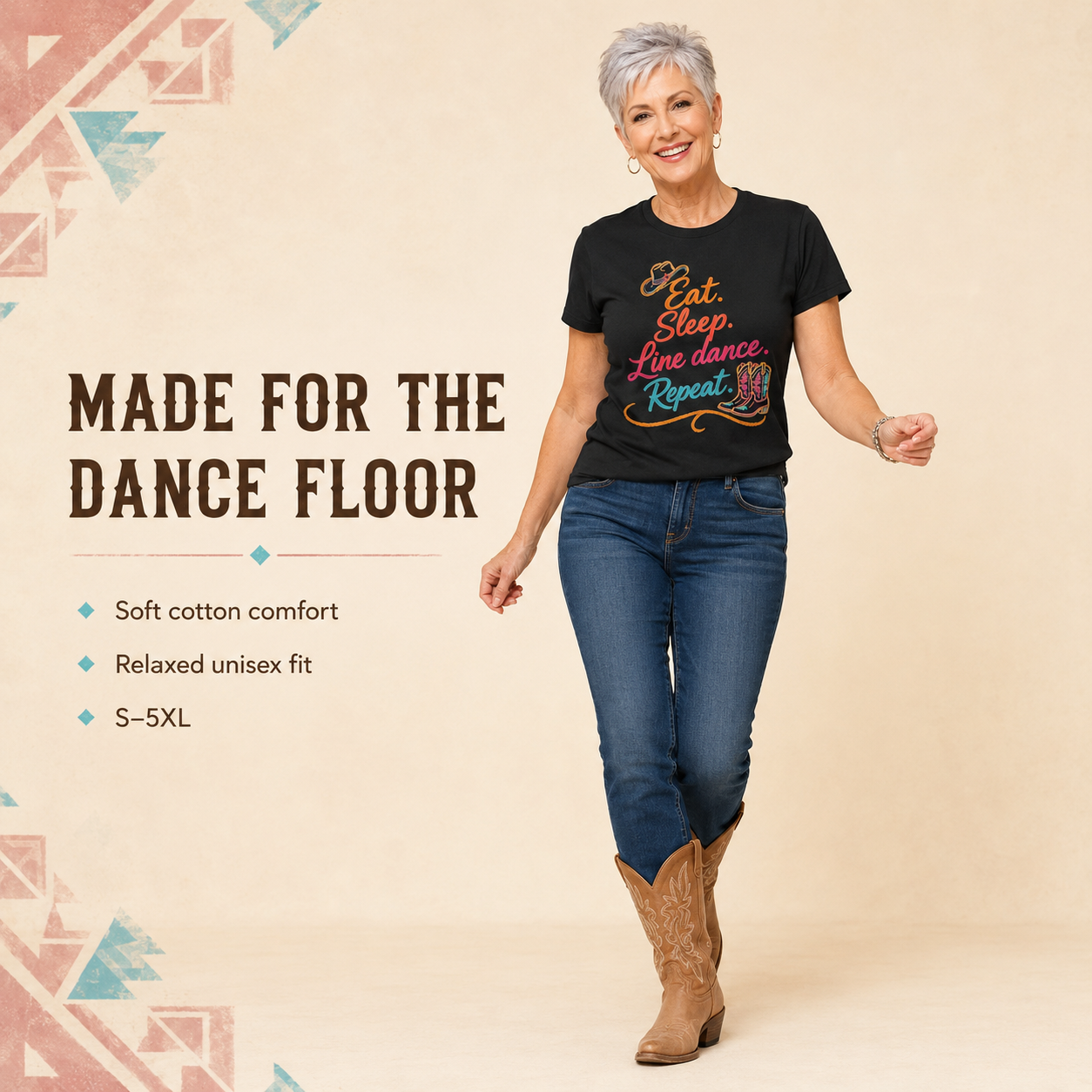 Eat Sleep Line Dance Repeat black T-shirt infographic with female line dancer and product features