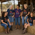 Five women wearing Eat Sleep Line Dance Repeat T-shirts in black, navy, purple and dark chocolate beside hay bales