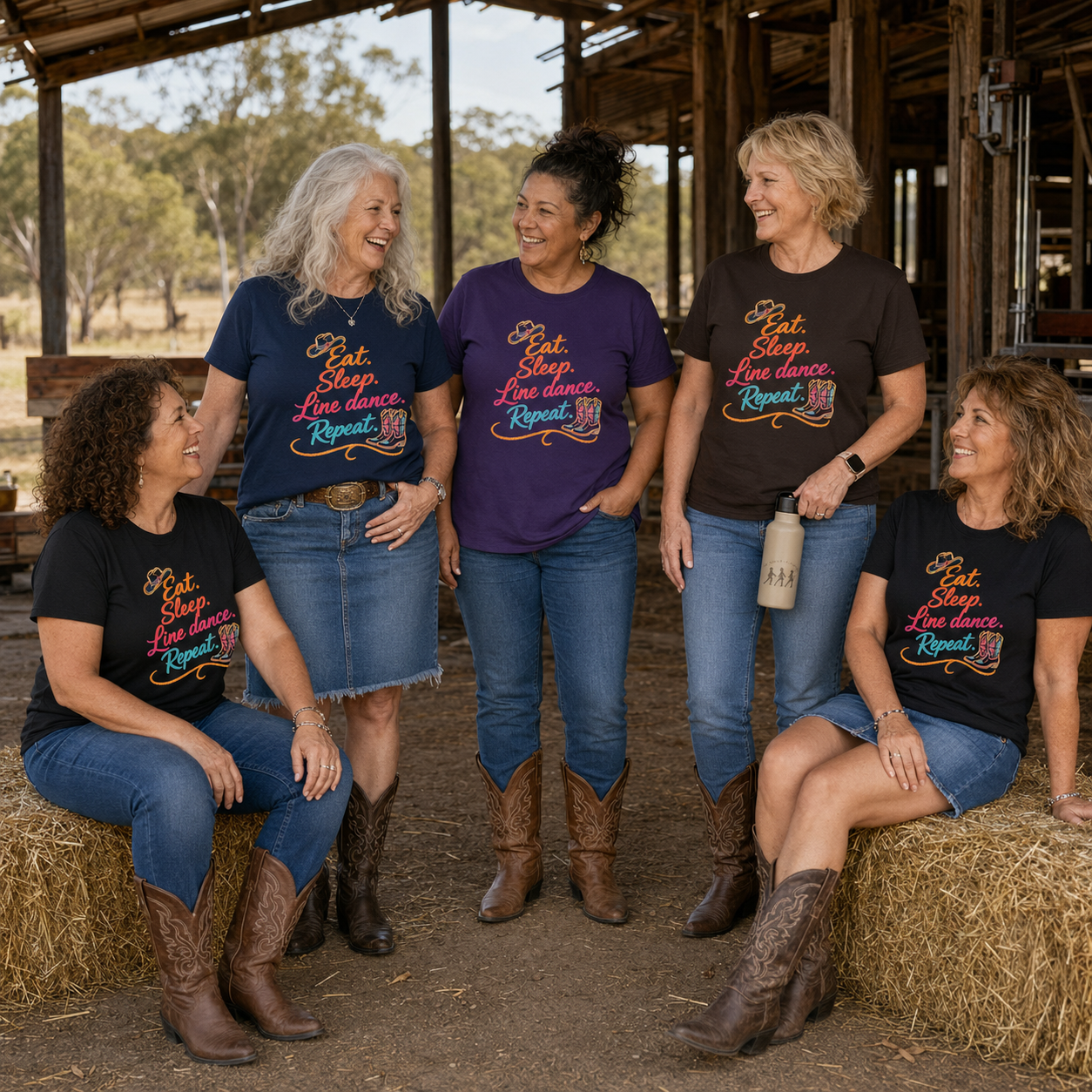 Five women wearing Eat Sleep Line Dance Repeat T-shirts in black, navy, purple and dark chocolate beside hay bales