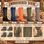 Embroidered suede line dance boots infographic with colors, heel heights and EU sizes 35 to 42