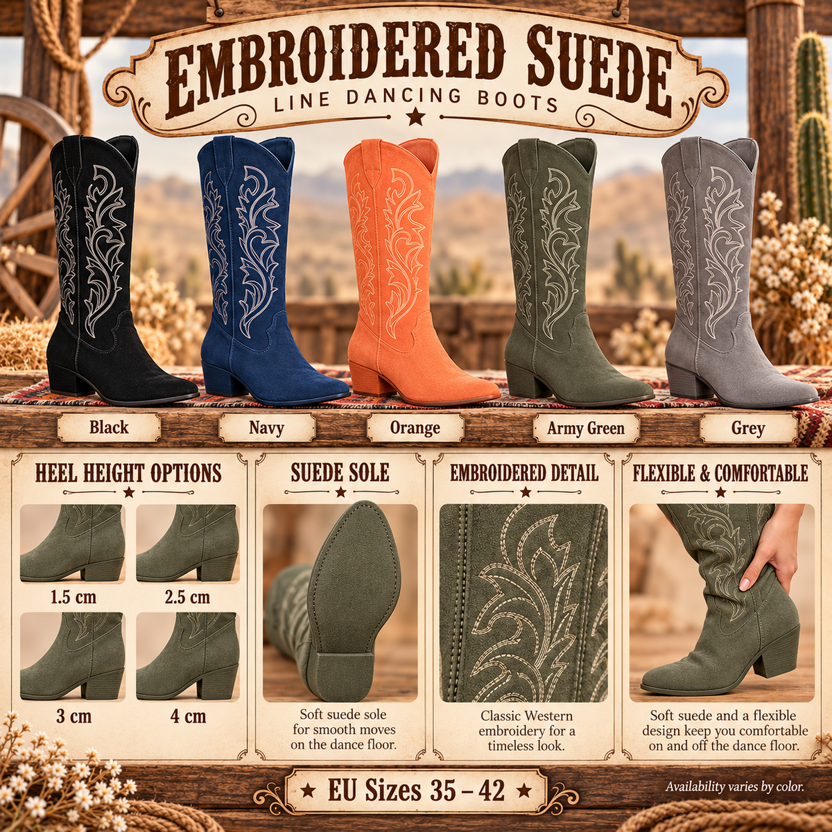 Embroidered suede line dance boots infographic with colors, heel heights and EU sizes 35 to 42