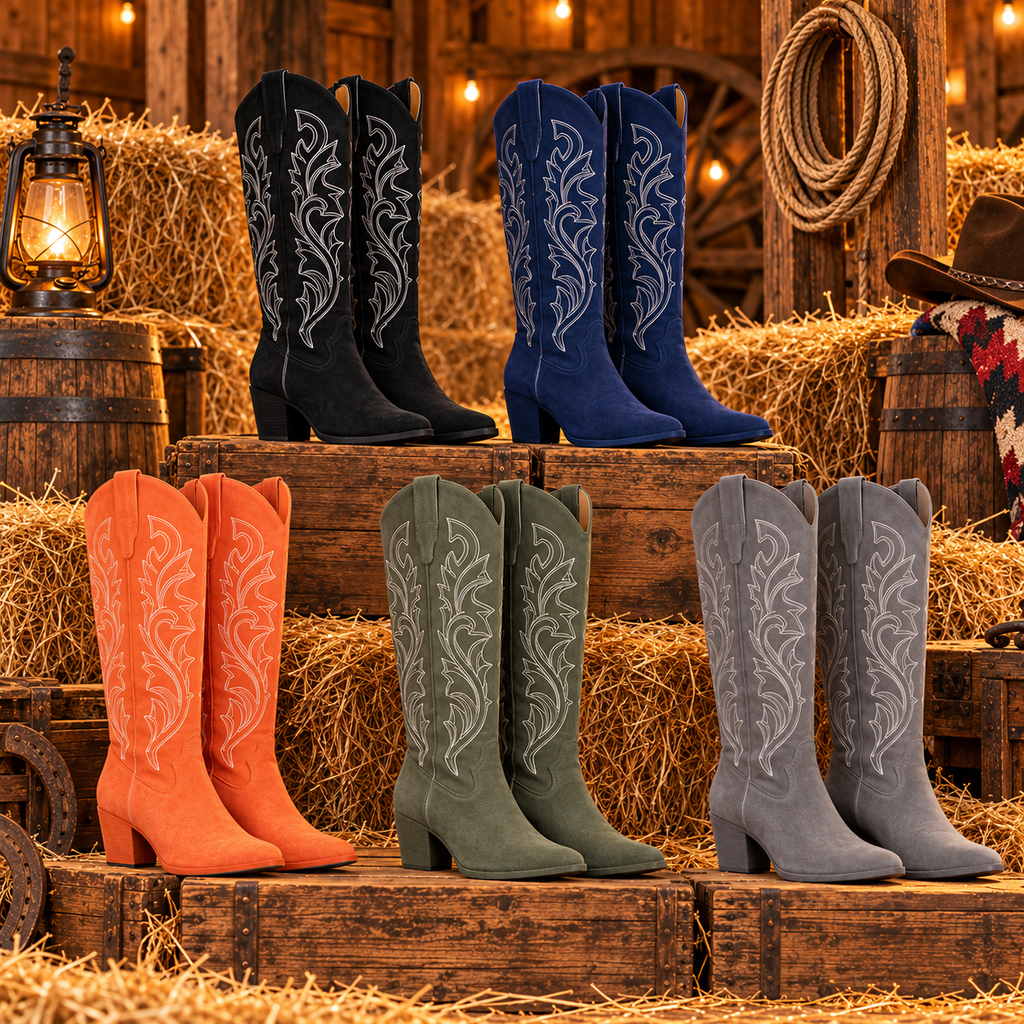 Embroidered suede line dance boots in Black, Navy, Orange, Army Green and Grey