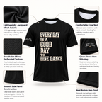 Black jacquard mesh line dancing jersey infographic showing fabric, neckline, sleeve stitching, side panels and hem details