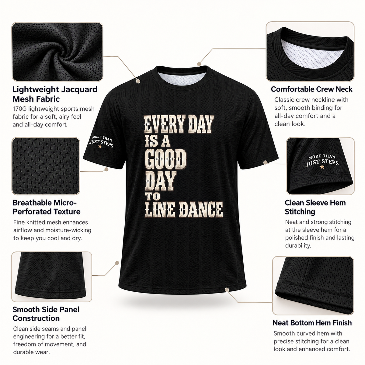 Black jacquard mesh line dancing jersey infographic showing fabric, neckline, sleeve stitching, side panels and hem details