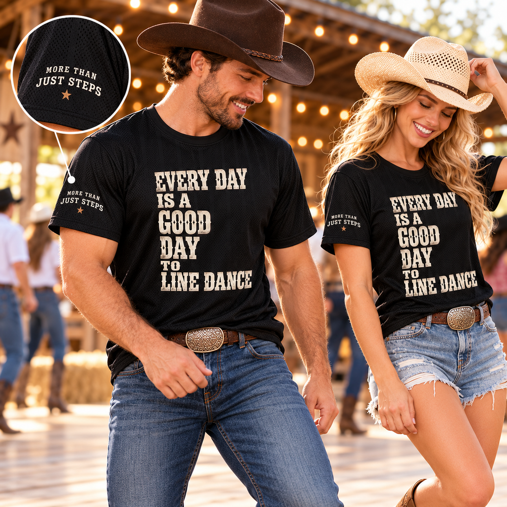 Male and female line dancers in black mesh jerseys with magnified More Than Just Steps sleeve print