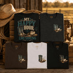 My Happy Hour Is Line Dancing T-shirts folded in a western-themed display