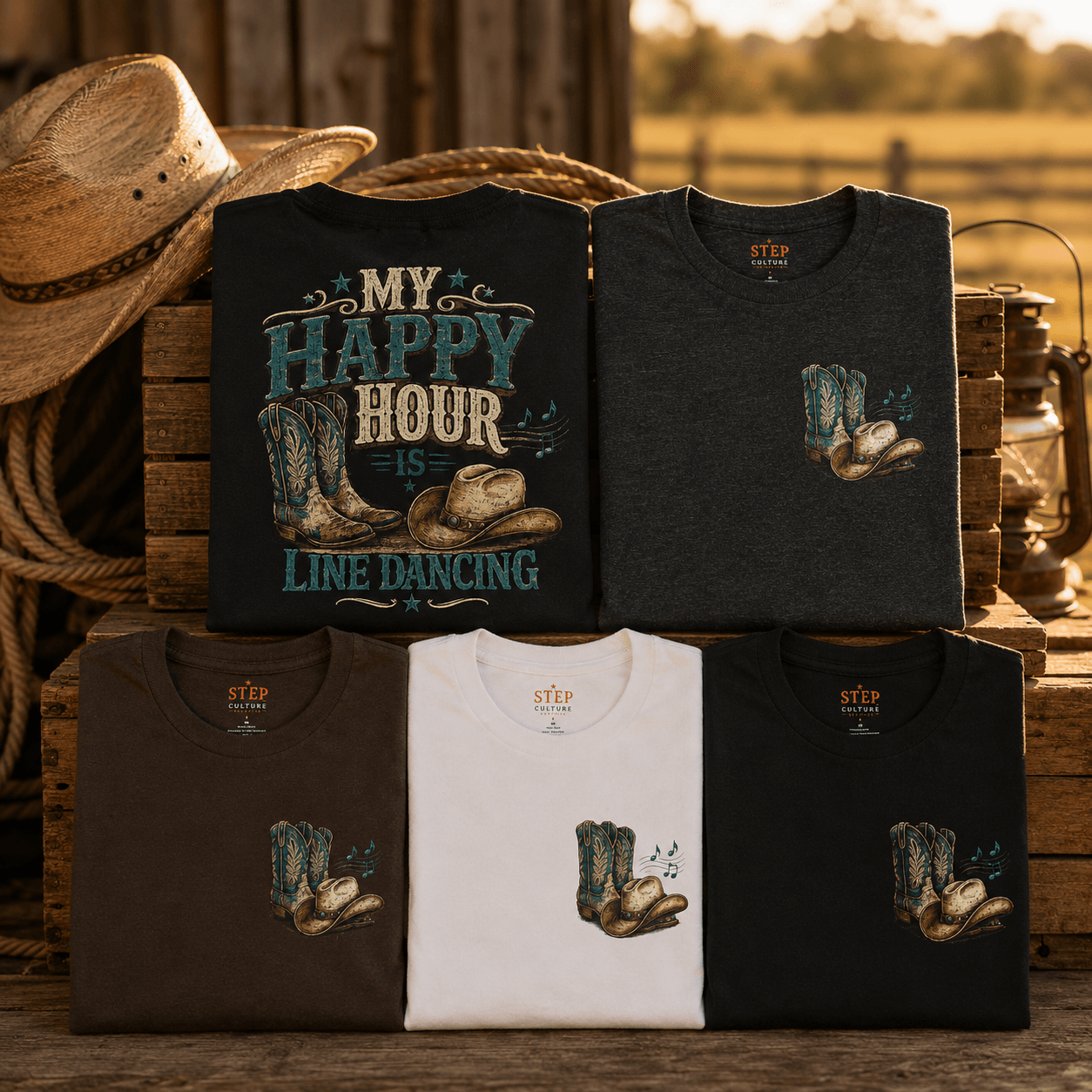 My Happy Hour Is Line Dancing T-shirts folded in a western-themed display