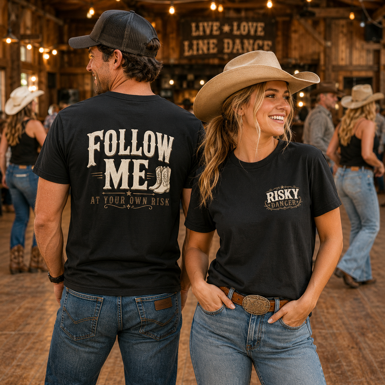 Group of line dancers wearing Risky Dancer front and back graphic T-shirts