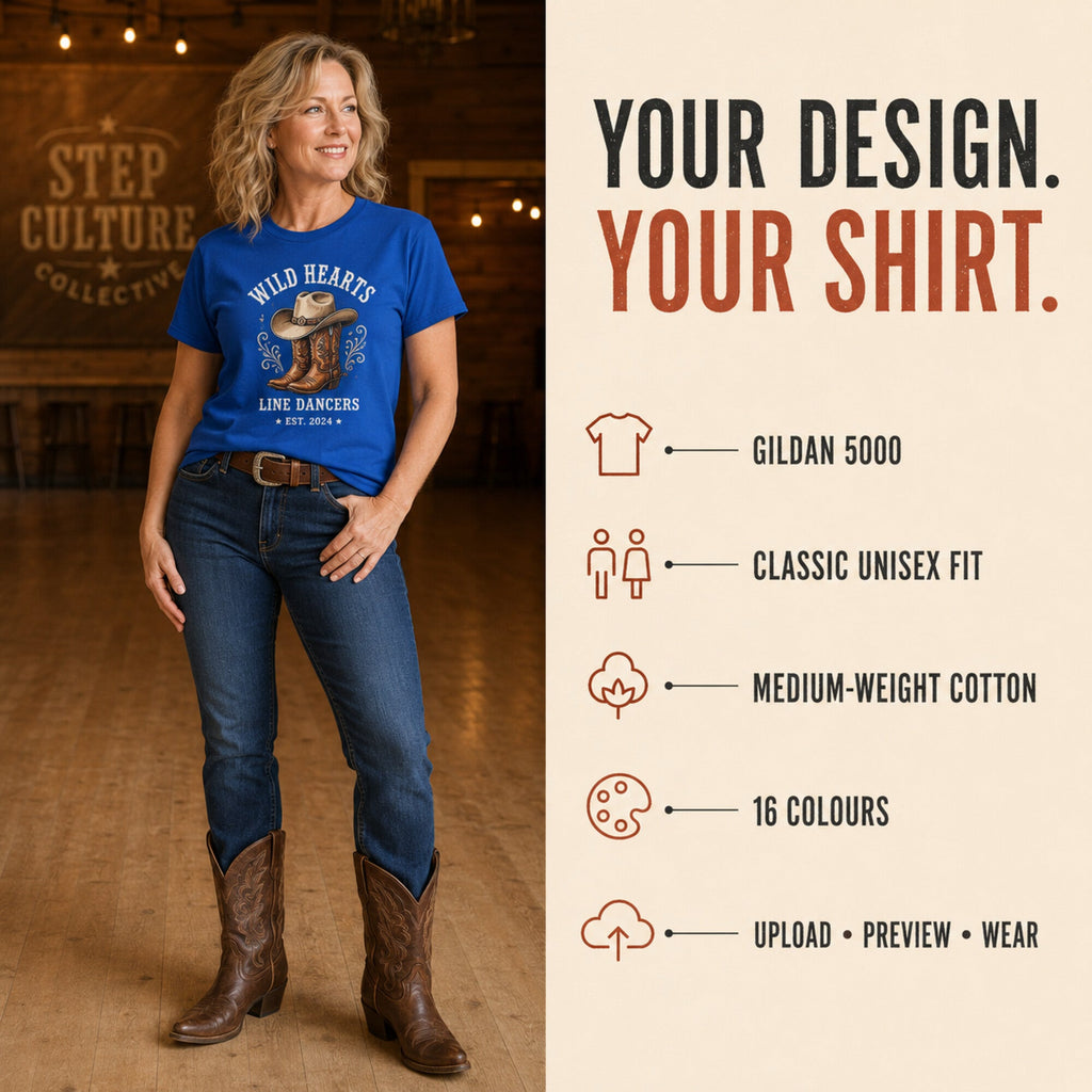 Gildan 5000 personalised T-shirt infographic showing classic unisex fit, medium-weight cotton and 16 colours