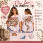 Front view of the pink gingham plus-size line dancing top with floral boot print