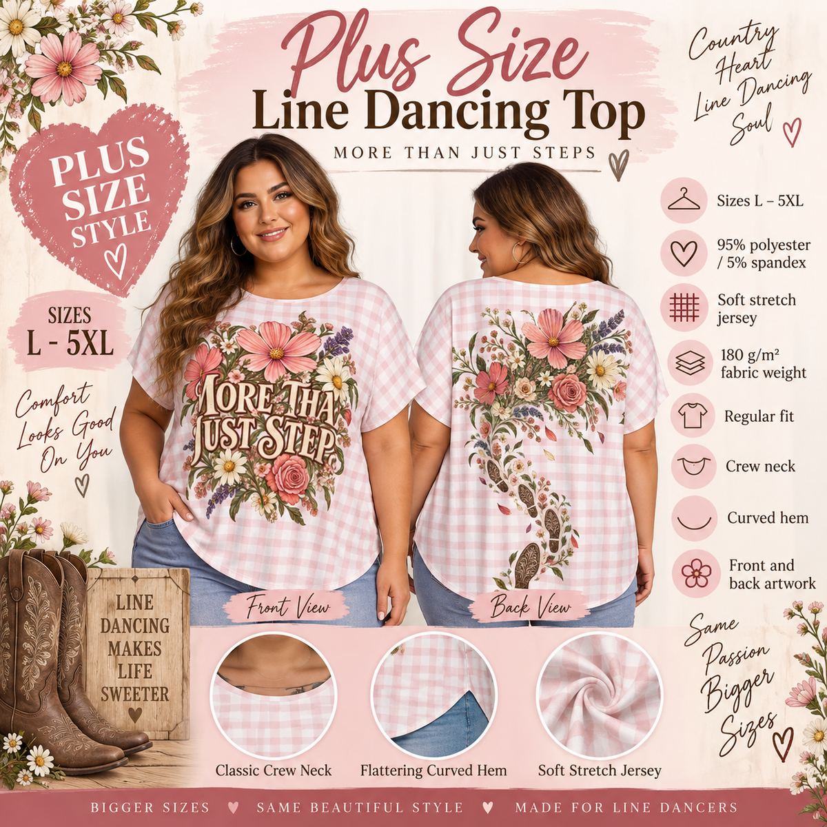 Front view of the pink gingham plus-size line dancing top with floral boot print