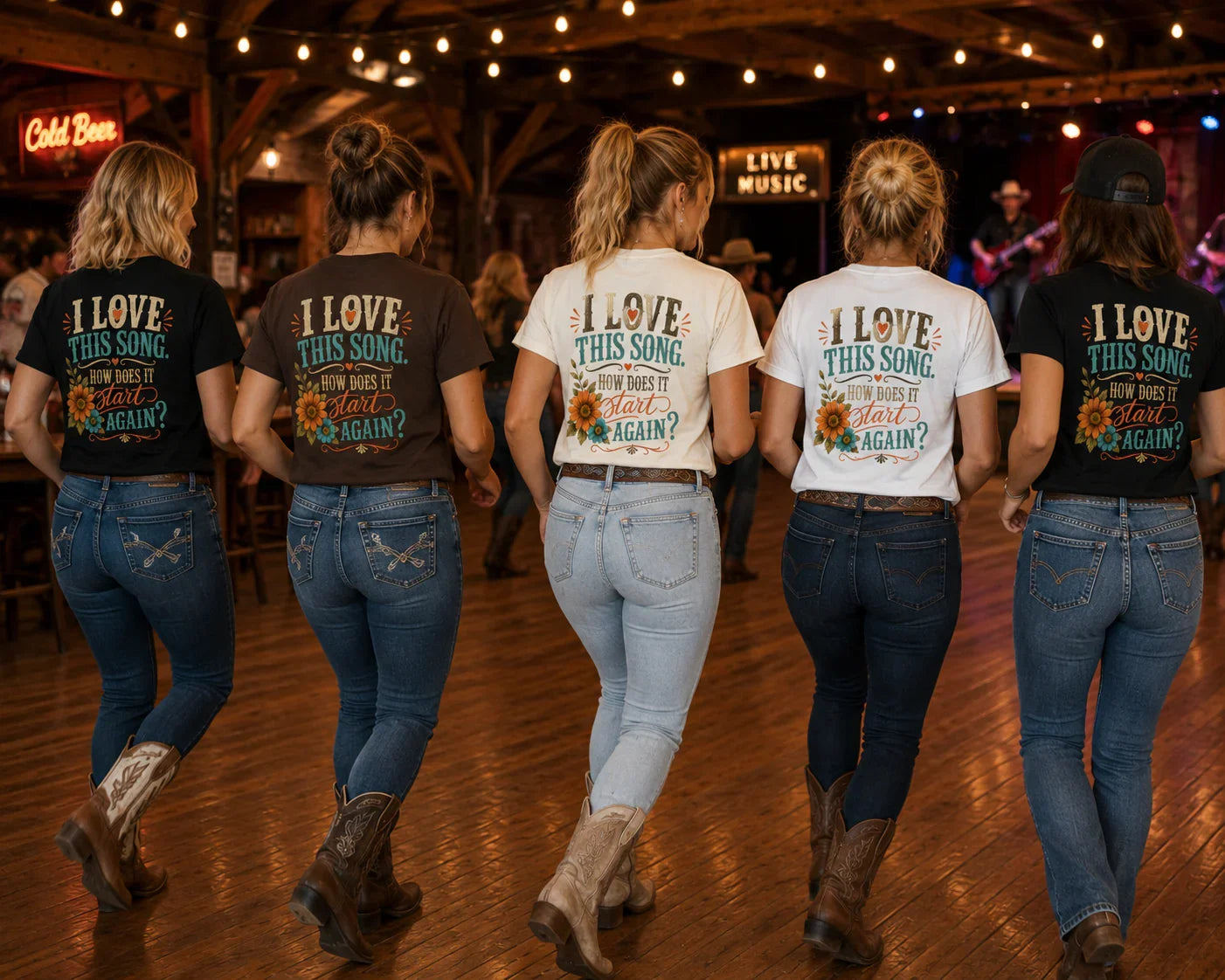 Group of line dancers wearing I Love This Song How Does It Start Again tees