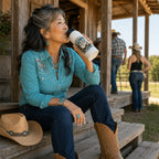 Line dancer drinking from a My Happy Hour Is Line Dancing personalised stainless steel bottle on barn steps