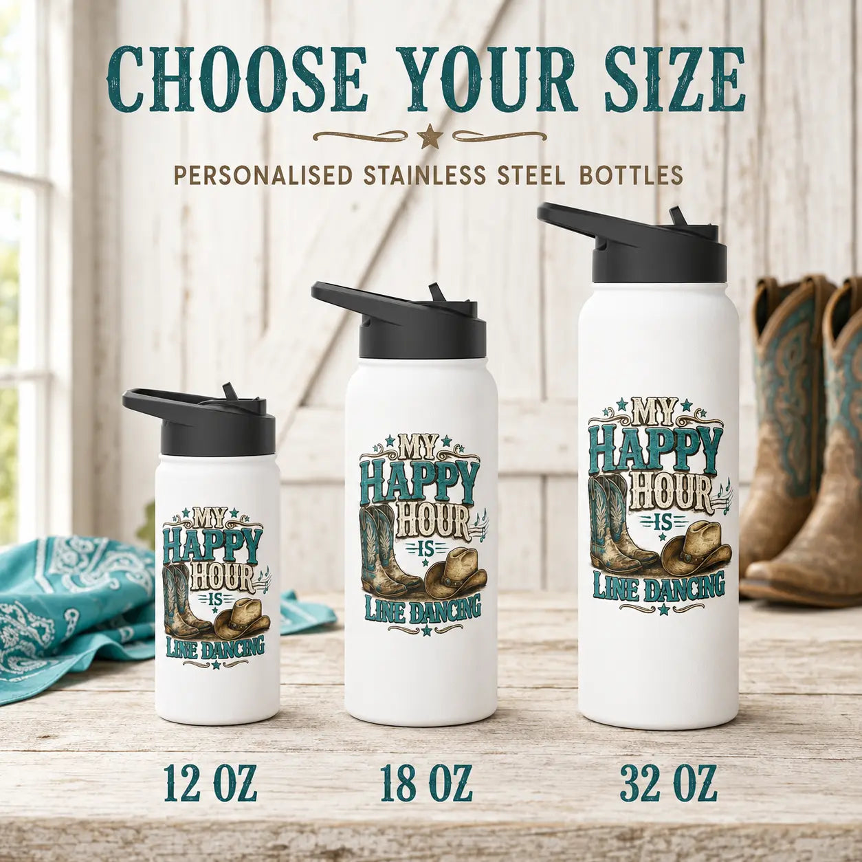 My Happy Hour Is Line Dancing personalised stainless steel bottles in 12 oz, 18 oz and 32 oz sizes