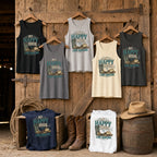 My Happy Hour Is Line Dancing tank tops in all colours displayed on a rustic barn door with crates and western props
