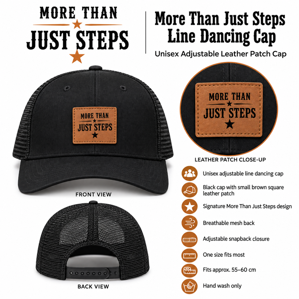 Black More Than Just Steps line dancing cap with breathable mesh back and leather patch