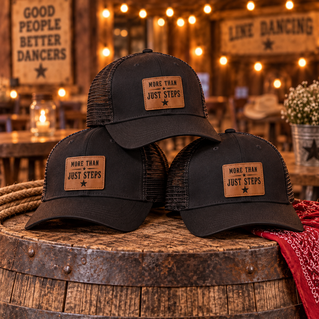 More Than Just Steps unisex black line dancing cap with small square brown leather patch
