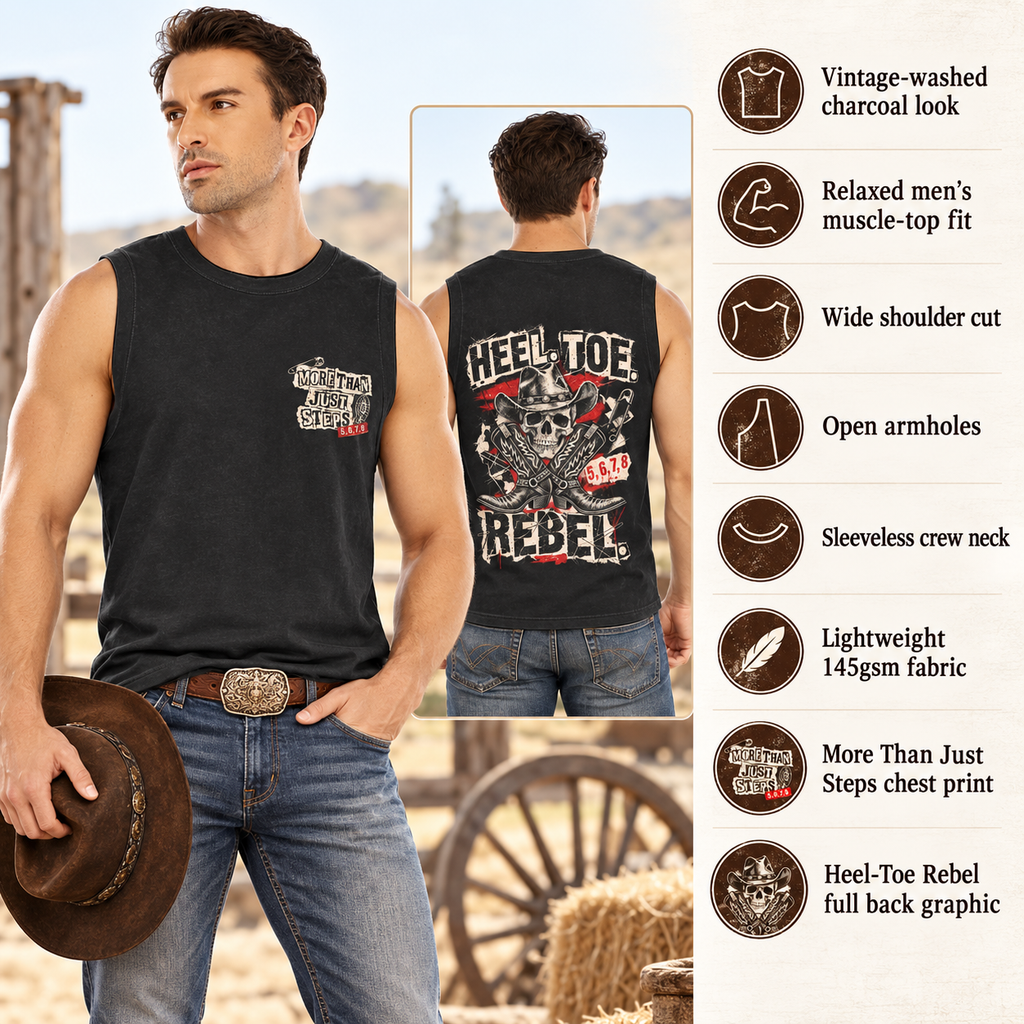 Heel-Toe Rebel men's vintage washed muscle top infographic with fit and fabric features