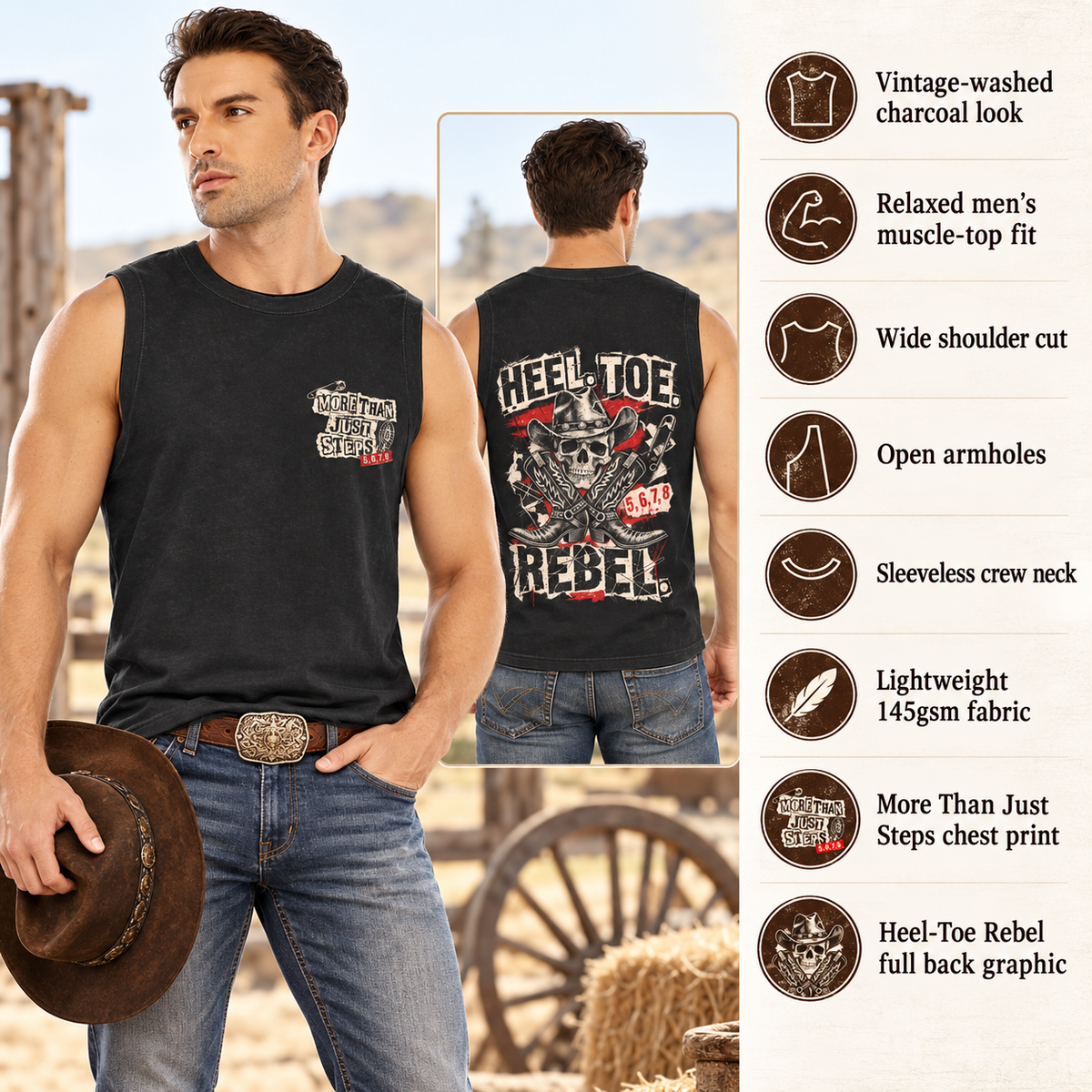 Heel-Toe Rebel men's vintage washed muscle top infographic with fit and fabric features